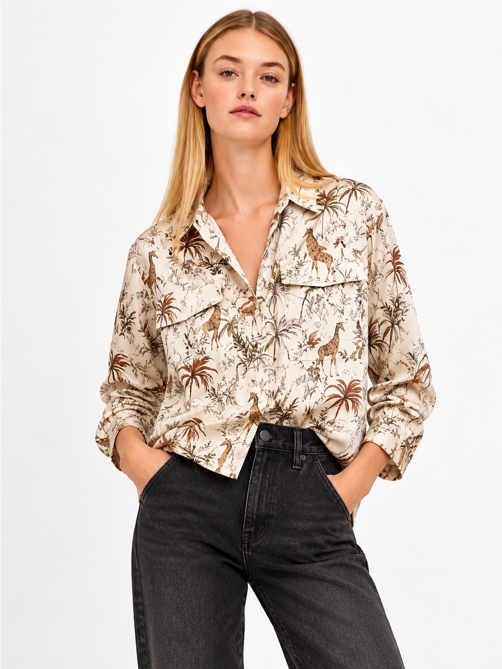 Zara TRF Safari Print Satin Blouse Cream Brown Boxy Size Medium